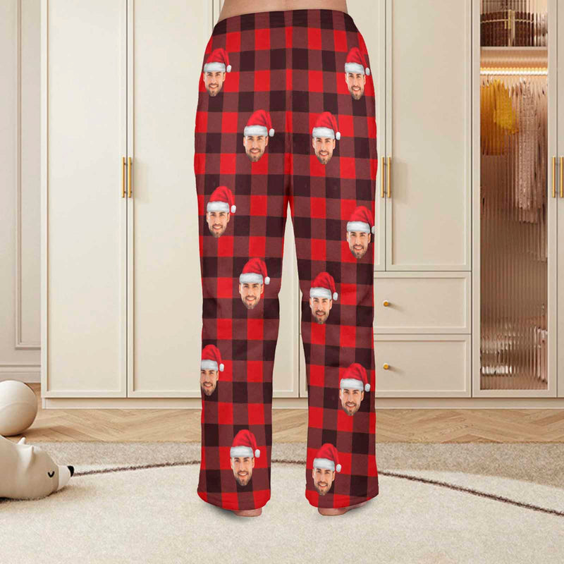 Coral Fleece Couple Pajama Pants Personalized Any Face Red Christmas Pajama Pants For Men&Women