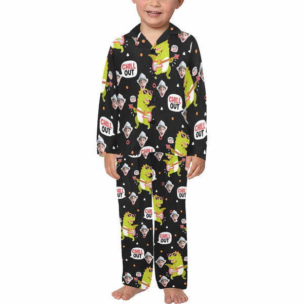 Custom Face Pajamas Set Personalized Face #2-7Y Dinosaur Black Long Sleeve Pajamas Sleepwear