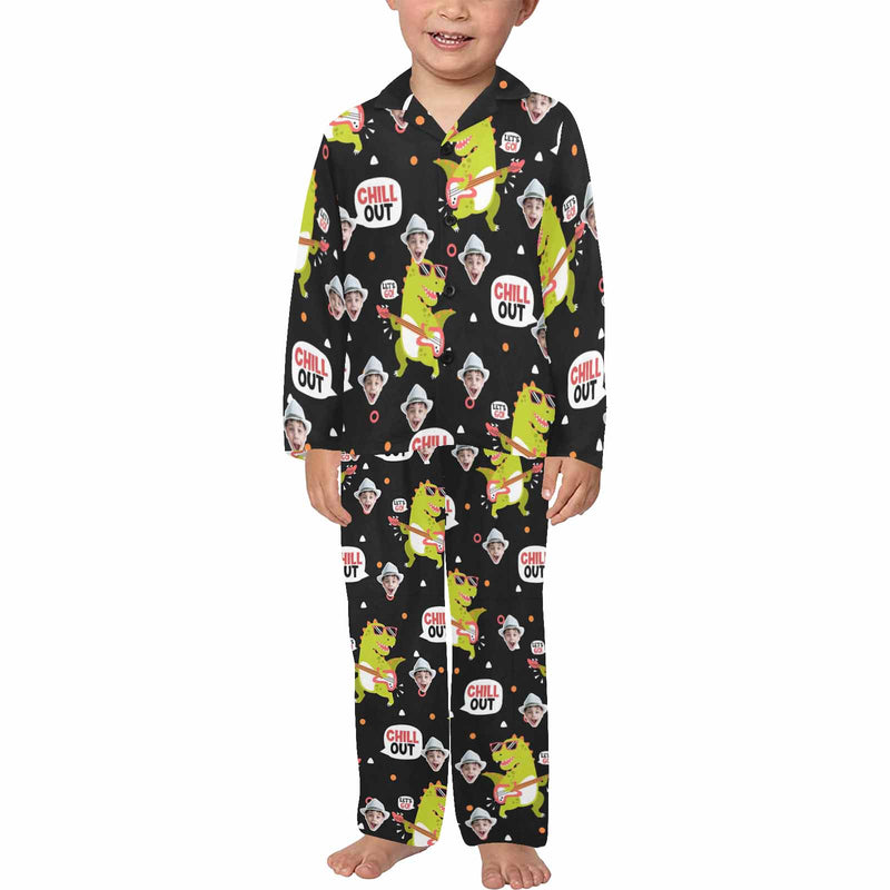 Custom Face Pajamas Set Personalized Face Little Boy #2-7Y Dinosaur Black Long Sleeve Pajamas Sleepwear