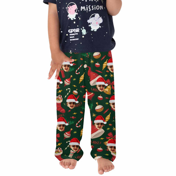 Custom Any Face Kids Pants 2Y-15Y Personalized Face Christmas Green Pajama Pants