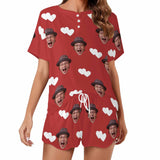Custom Red Face Pajamas Set Personalized Face Short Sleeved Loungewear Set