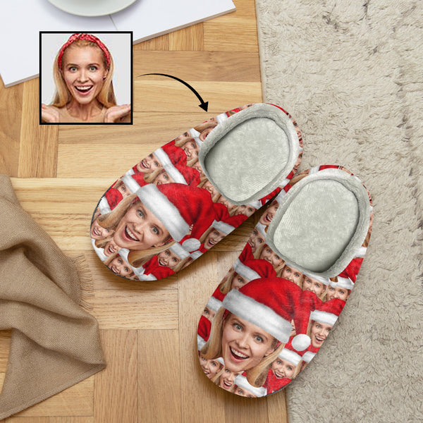 Custom Christmas Face Santa Hat Slippers For Men&Women Personalized Christmas Red Slippers