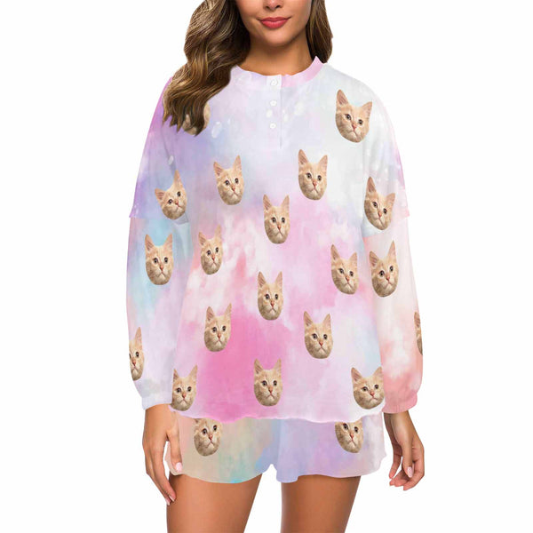 Custom Cat Face Long Sleeve Mid-Length Shorts Pajama Set Personalized Women's Loungewear