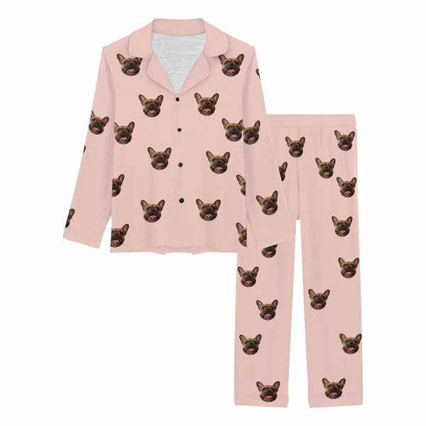 Custom Face Women's Pajama Set Personalized Women's Pink Dog Face Long Sleeve Pajama Set