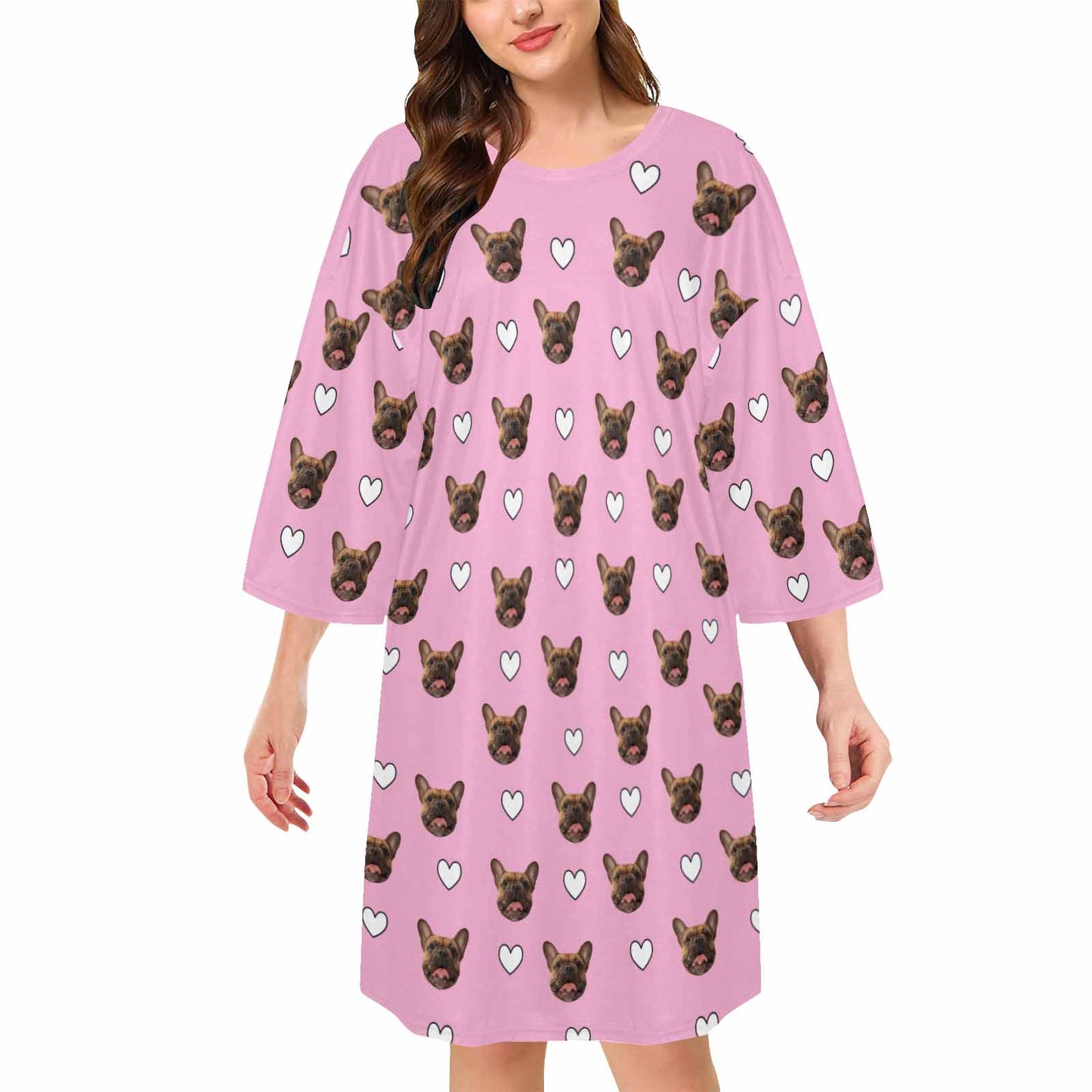 Custom Dog Face Pink Nightdress&Blanket&Socks Oversized Sleep Tee Personalized Women's Loose Sleepwear