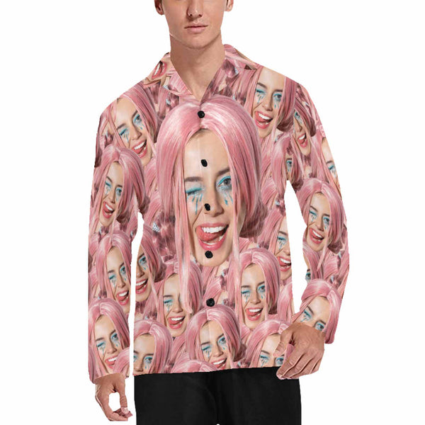 Custom Girlfriend's Face Pajama Shirt Personalized Multi-Face Long Sleeve Pajama Shirt For Men