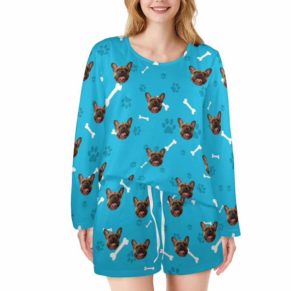 Custom Dog Face Pajama Set Personalized Women's Long Sleeve Loungewear