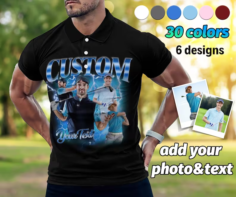 Custom Photos Text Black Polo Shirt Men Personalized Photo Black Short Sleeve Golf Shirt with Picture Printed