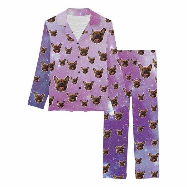 Custom Women's Pajamas Set Personalized Purple Starry Sky Long Sleeved Pajamas