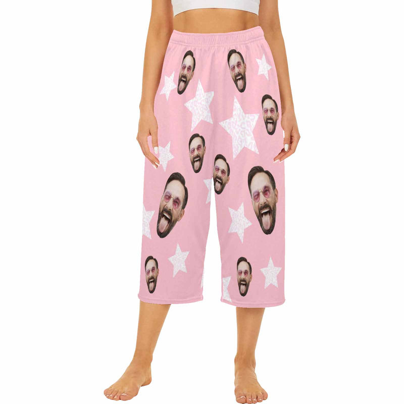 Custom Face Cropped Pajama Pants For Women Personalized Face Star Pink Pajama Pants
