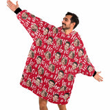 Custom Face Red Christmas Blanket Hoodie Personalized Face HoHo Blanket Unisex Oversize Blanket Hoodie