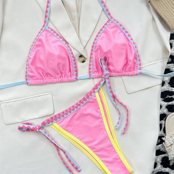 Sexy DIY Crystal Letters Pink Bikini Custom Name Shell Edge Triangle Bikini Sets Beach Body Jewelry(Custom 1-10 Letters)