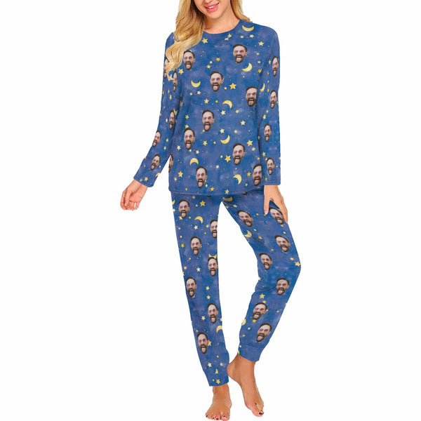 Custom Face Blue Pajamas Set Personalized Women's Crew Neck Face Long Sleeve Pajamas