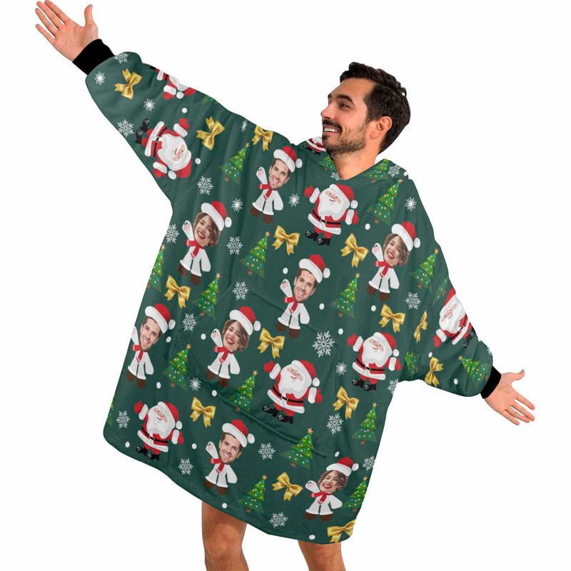 Custom Face Christmas Blanket Hoodie Personalized Green Face Unisex Blanket Hoodie
