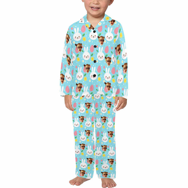 Custom Light Blue Kid's Face Pajamas Set Personalized #2-7Y Long Sleeve Pajamas Set