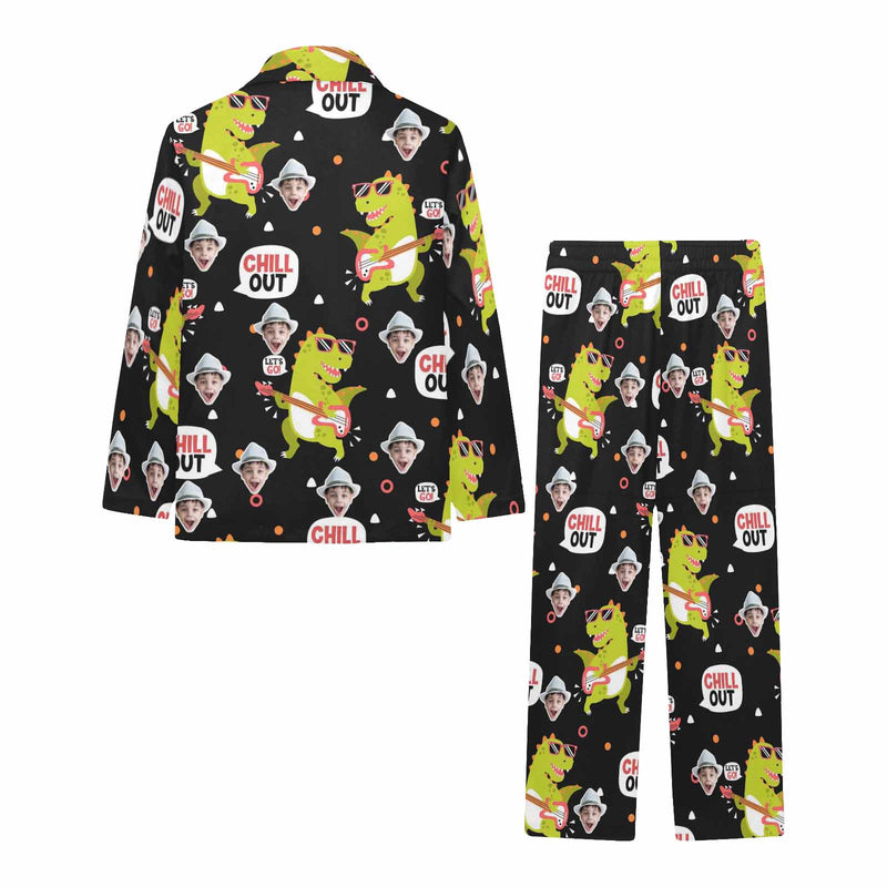 Custom Face Pajamas Set Personalized Face Little Boy #2-7Y Dinosaur Black Long Sleeve Pajamas Sleepwear