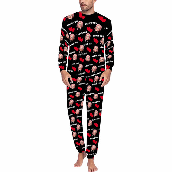Custom Face Pajamas Set Personalized Men's Crew Neck Long Sleeve Face Red Heart Pajamas Set