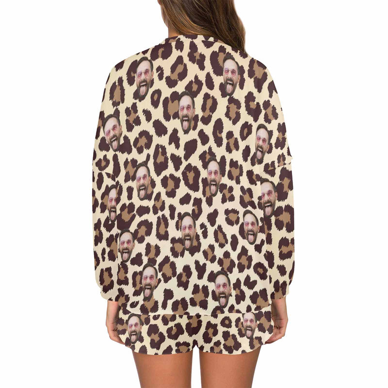 Custom Face Long Sleeve Mid-Length Shorts Pajama Set Personalized Leopard Print Women's Loungewear