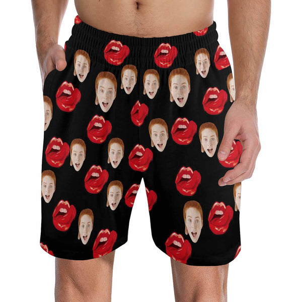 Custom Face Pajama Shorts Personalized Men' Face&Red Lips Black Sleepwear Shorts