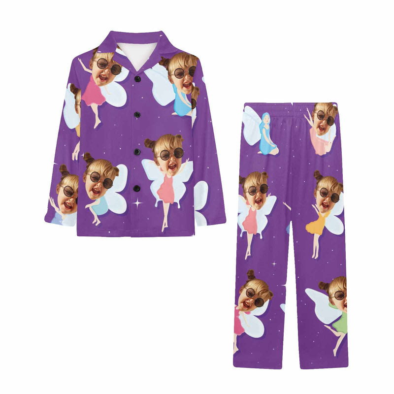 Custom Face Kids Long Sleeve Pajamas Personalized 8-15Y Face Butterfly Pajamas Set Sleepwear