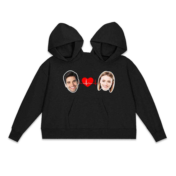 Custom Face Love Heart Double One-piece Hoodie Personalized Two Person Intimate Hoodie Funny Couple Valentine's Day Gift