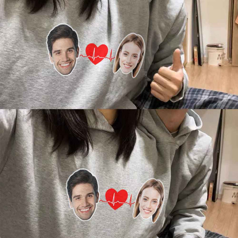 Custom Face Love Heart Double One-piece Hoodie Personalized Two Person Intimate Hoodie Funny Couple Valentine's Day Gift