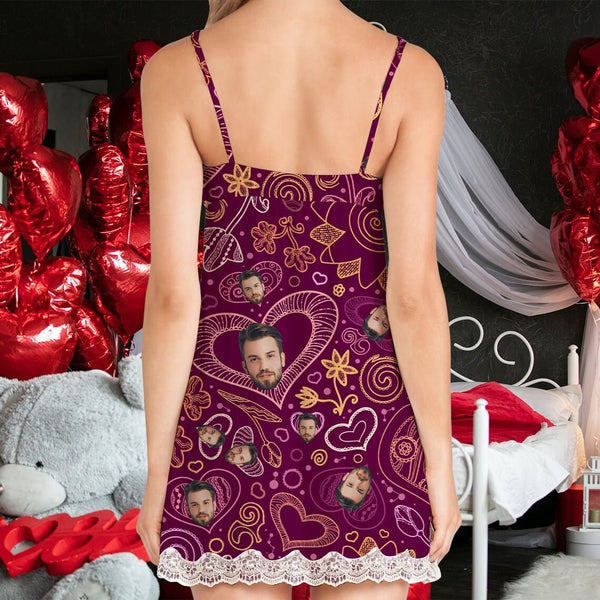Custom Face Purple Women's Cami V-Neck Lace Suspenders Nightdress Valentine's Day Pajama Gifts for Her