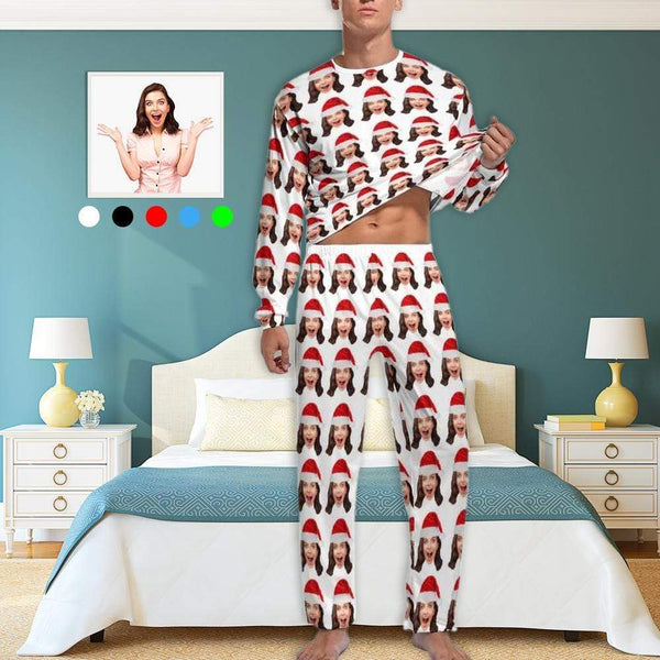 Custom Face Christmas Hat Family Sleepwear Personalized Family Slumber Party Matching Long Sleeve Pajamas Set