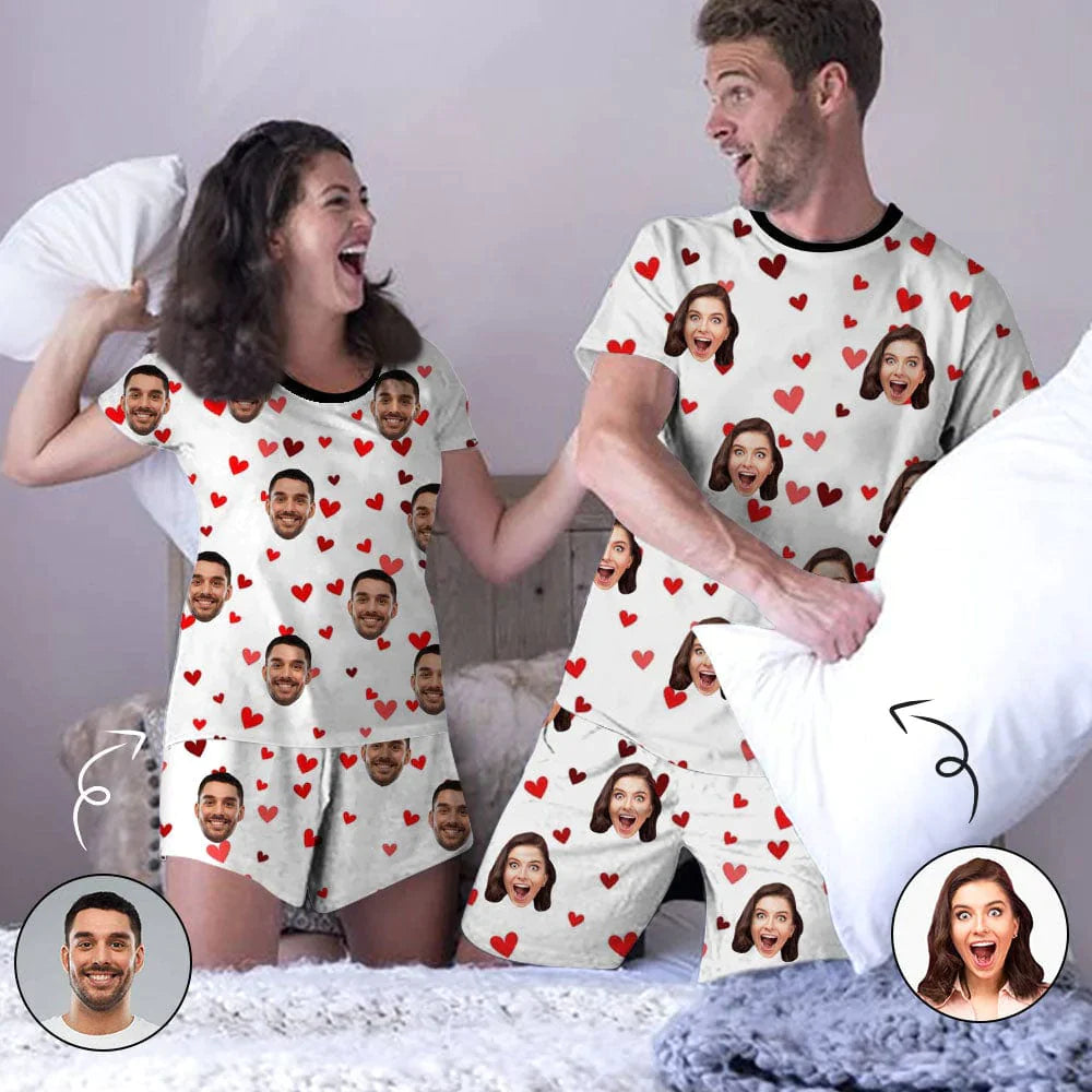 Custom Face Couple Pajamas Personalized Red Heart Couple Matching Crew