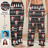 Coral Fleece Pajama Pants Custom Face Black Christmas Background Warm and Comfortable Sleepwear Long Pajama Pants For Men Women