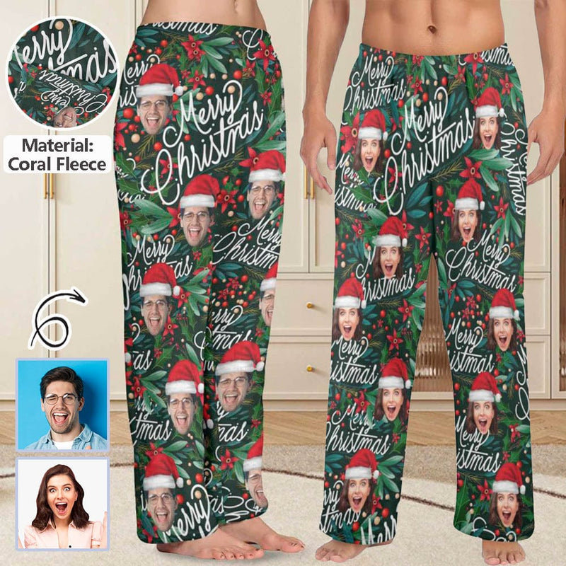 Coral Fleece Pajama Pants Custom Face Christmas Red Beans Print Warm and Comfortable Sleepwear Long Pajama Pants For Men Women