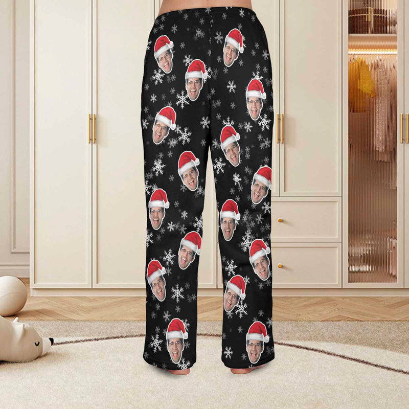 Coral Fleece Pajama Pants Custom Face Christmas Snowflake Warm and Comfortable Sleepwear Long Pajama Pants For Men Women