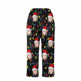 Coral Fleece Pajama Pants Custom Face Adult Colored Light Bulbs Christmas Red Hat Warm and Comfortable Sleepwear Long Pajama Pants For Men Women