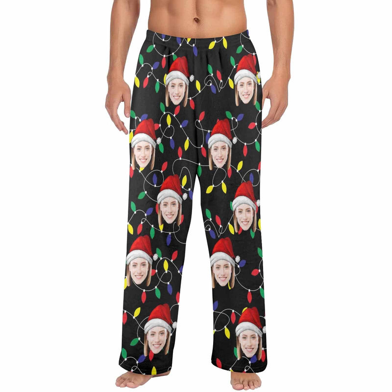 Coral Fleece Pajama Pants Custom Face Adult Colored Light Bulbs Christmas Red Hat Warm and Comfortable Sleepwear Long Pajama Pants For Men Women