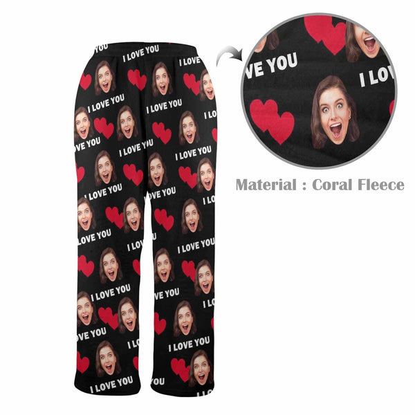 Coral Fleece Pajama Pants Custom Face Heart Print Warm and Comfortable Sleepwear Long Pajama Pants For Men Women