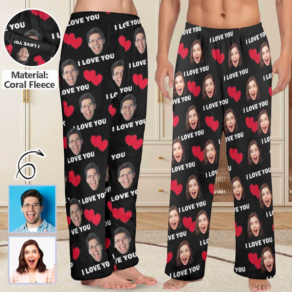Coral Fleece Pajama Pants Custom Face Heart Print Warm and Comfortable Sleepwear Long Pajama Pants For Men Women