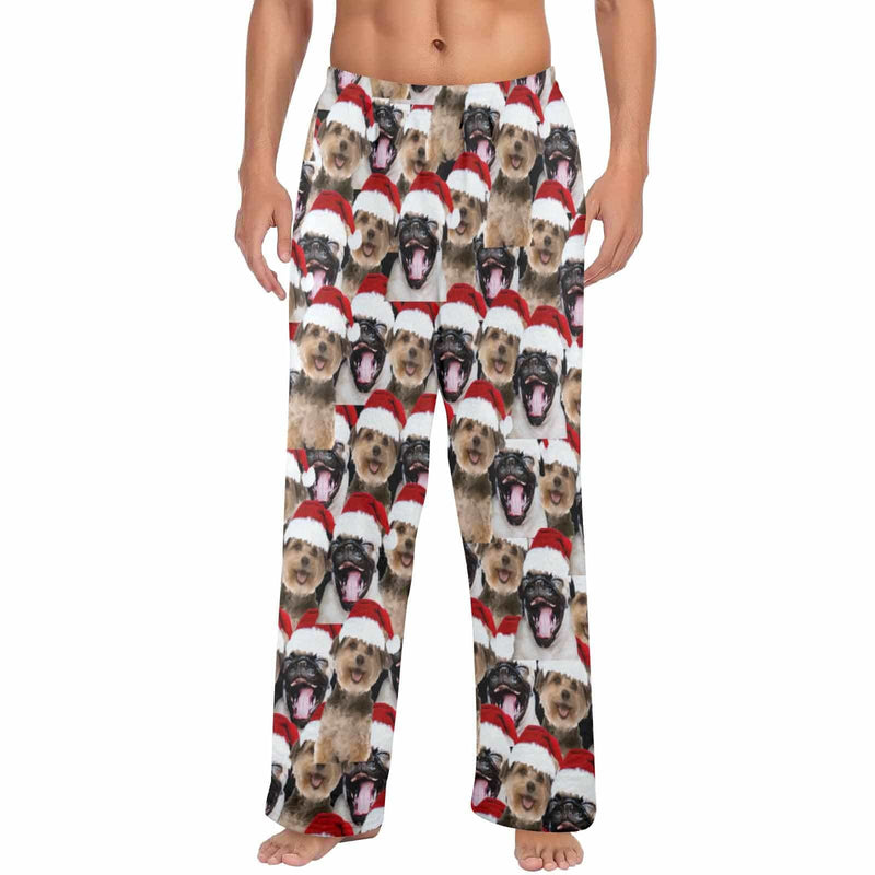 Coral Fleece Pajama Pants Custom Face Christmas Red Hat Warm and Comfortable Sleepwear Long Pajama Pants For Men Women
