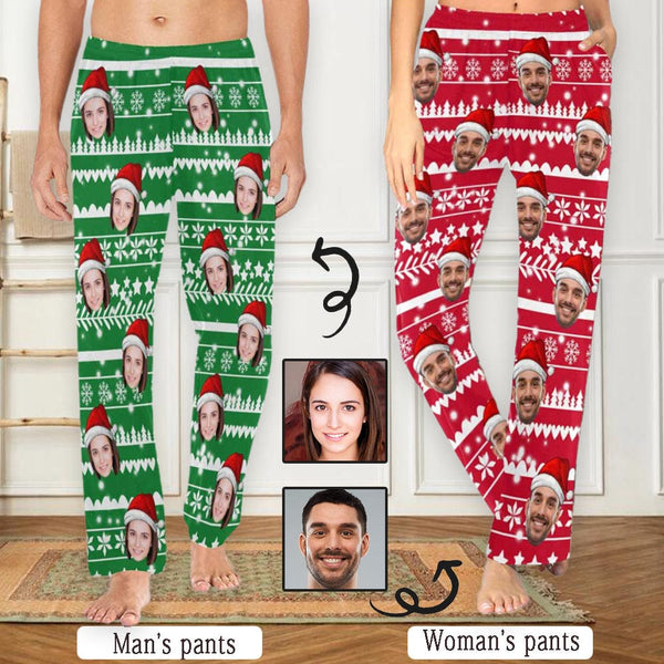 Custom Face Christmas Hat Snowflake Women's&Men's Long Pajama Pants