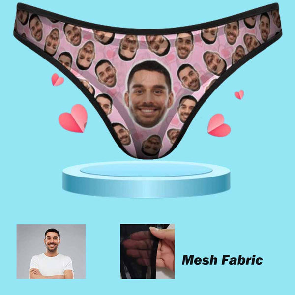 Custom Face Pink Heart Mesh Thong Underwear Mesh Sheer Seamless Thongs for Women